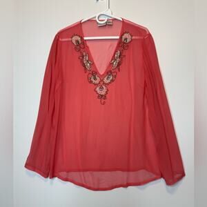 Newport News Sheer Coral Blouse with beaded Embroidery Size 12